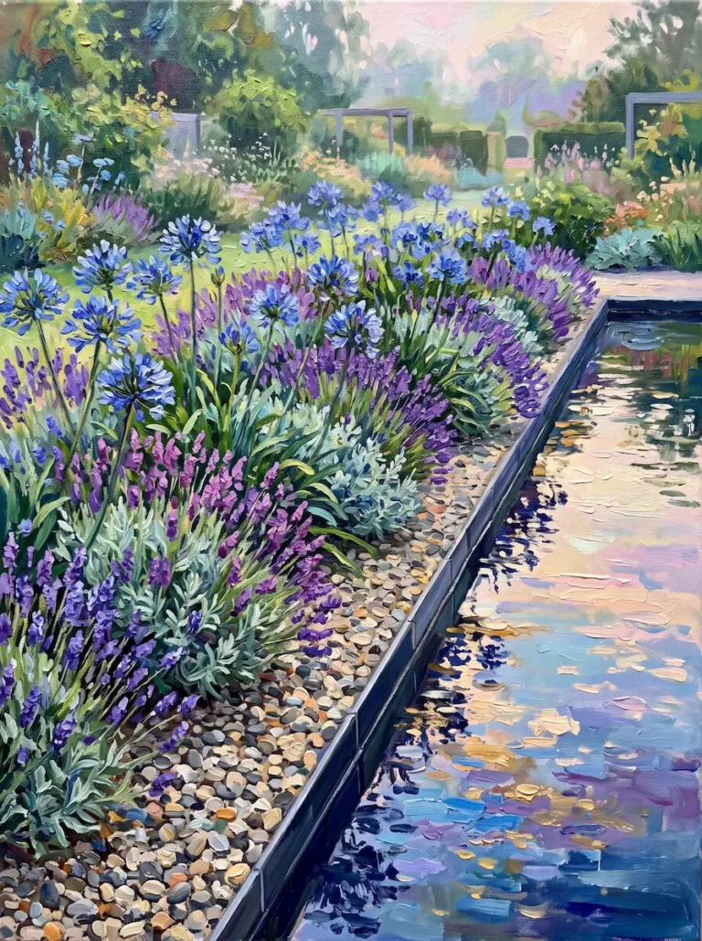 Reflejo nítido del cielo en una alberca de líneas puras, flanqueada por macizos vibrantes de agapanto (Agapanthus africanus) y lavanda (Lavandula angustifolia), sin rastro de tierra visible.
