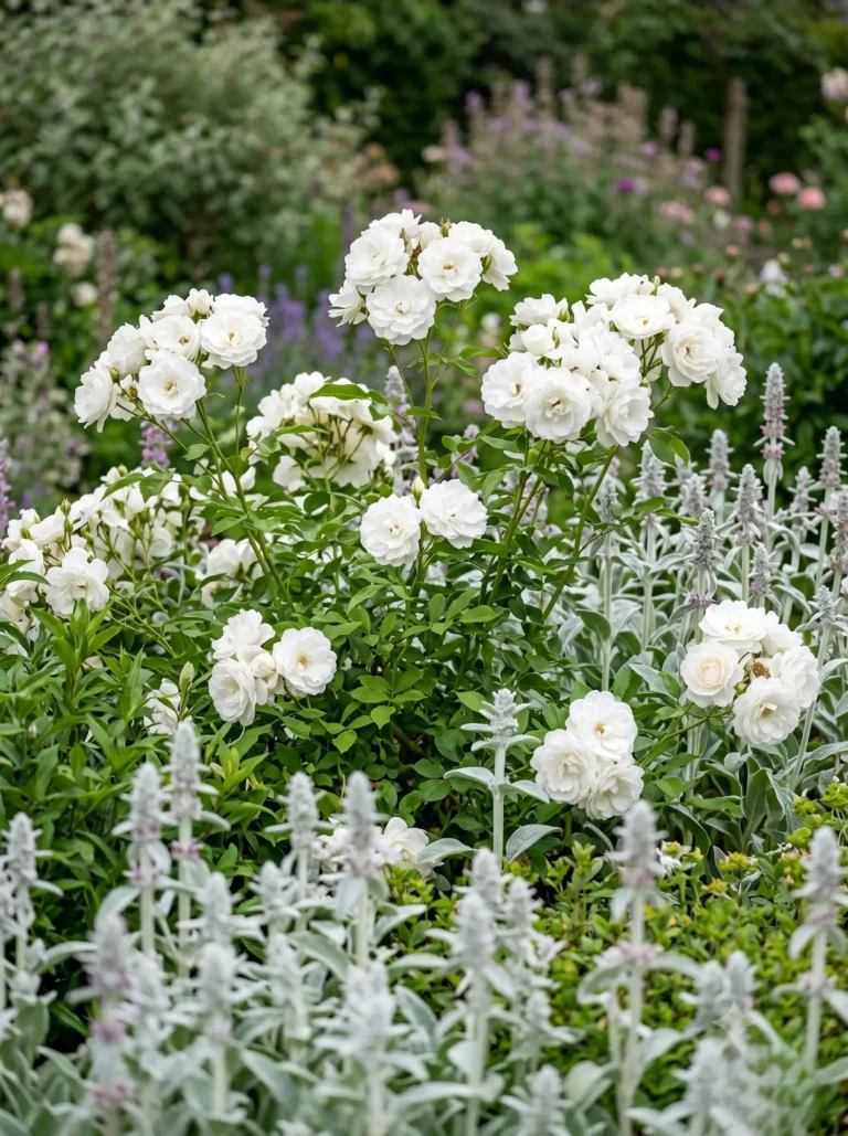 Plano medio superior de la floración blanca de Rosa x hybrida 'Iceberg' en porte arbustivo, con enfoque nítido en los pétalos y un fondo vegetal desenfocado muy profundo.