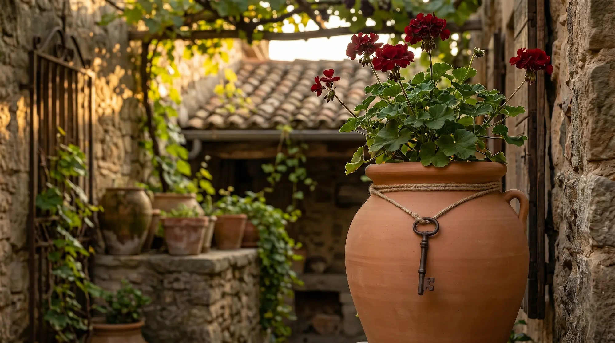 Tinaja Con Geranio En Rincón Con Pergola a La Sombra La Arquitectura Del Tiempo Memoria Luz Y El Legado Botánico