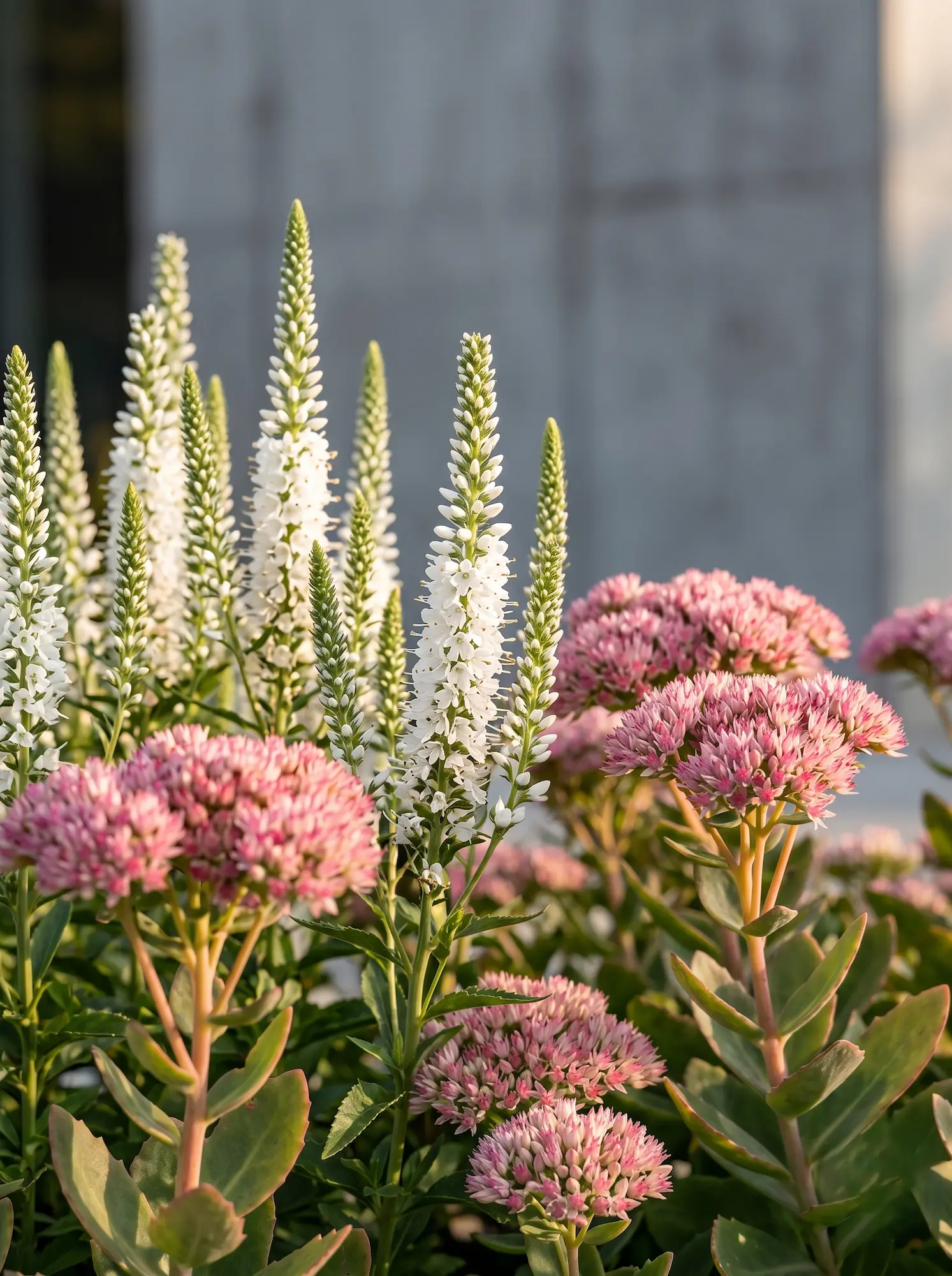 veronica spicata blanca | jardinesconestiloes Veronica Spicata Blanca Veronica Spicata Verticalidad Y Color En El Paisajismo Contemporáneo'Icicle' acompañadas de Sedo frente a un muro limpio de hormigón arquitectónico.