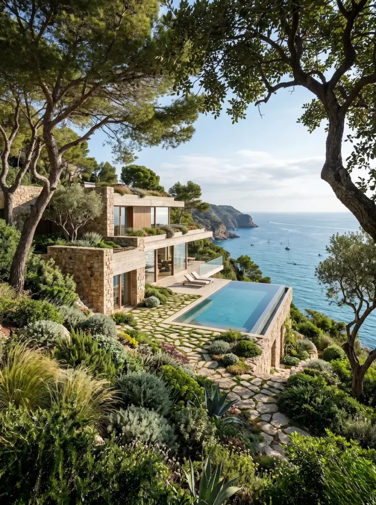 Integración paisajística absoluta en una villa escalonada de alto standing, conectando la piedra y la piscina infinita con el paisaje costero.