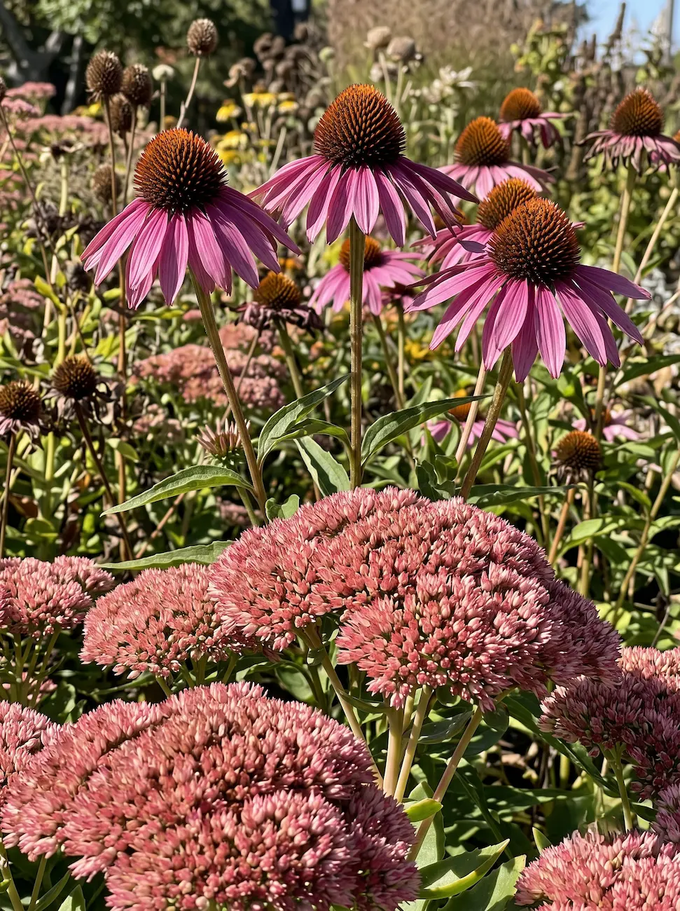 Echinacea y Sedum | jardinesconestiloes Echinacea Y Sedum Pradera De Fuego La Belleza De La Oxidación Y El Diseño De Otoño