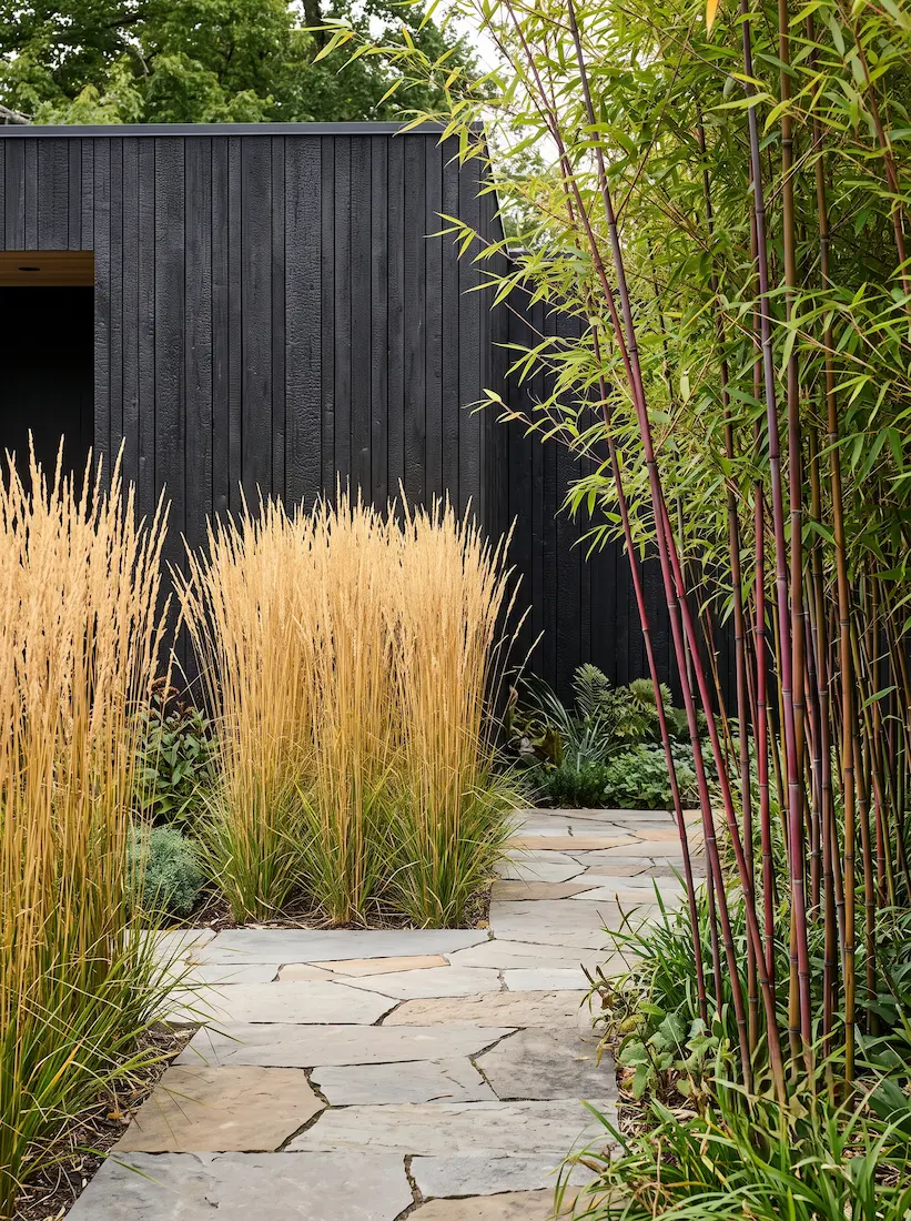 Fargesia y Calamagrostis | jardinesconestiloes Fargesia Y Calamagrostis Triada Arquitectónica Yakisugi Estuco Y Piedra En El Jardín De Alta Gama