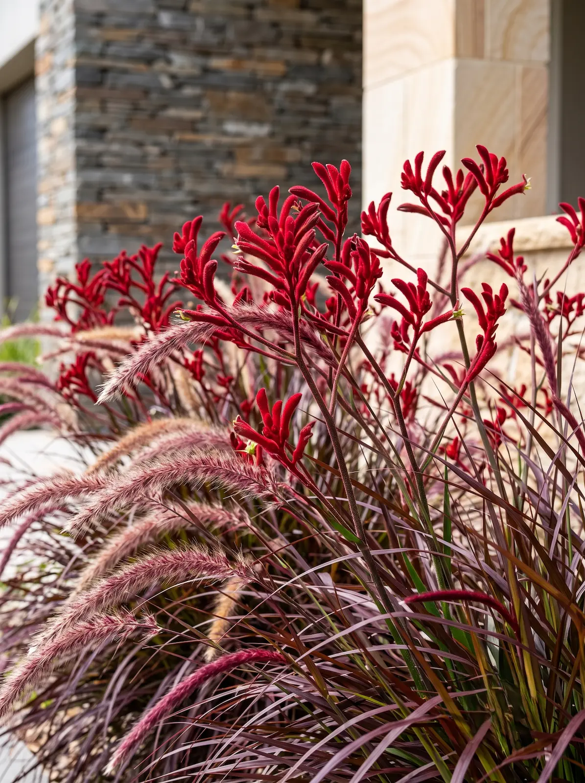 Pennisetum y Anigozanthos | jardinesconestiloes Pennisetum Y Anigozanthos El Acceso Escultural Fricción Cromática En Borgoña Y Azul Glaciar