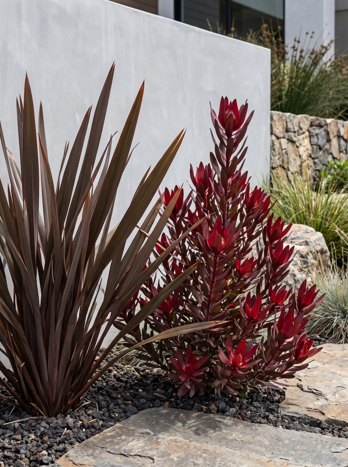 Phormium y Leucadendron | jardinesconestiloes Phormium Y Leucadendron El Acceso Escultural Fricción Cromática En Borgoña Y Azul Glaciar