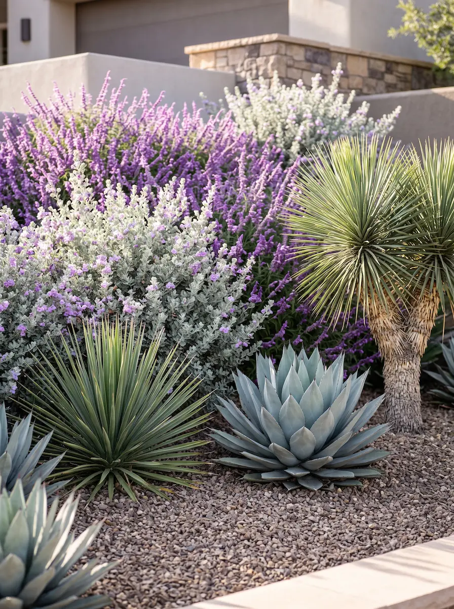 Salvia Greggii Y Leucophyllum Frutescens Escultura Árida Y Resiliencia Térmica El Arroyo Seco Con Agave Y Yuca Roja
