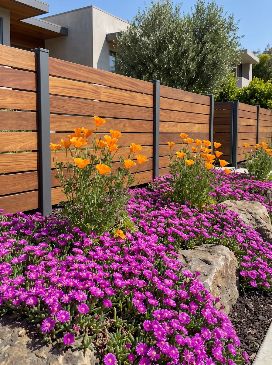 amapola californica con delosperma | jardinesconestiloes Amapola Californica Con Delosperma Diseño Para Rocallas Perimetrales Cómo Suavizar Cerramientos Masivos a Pleno Sol