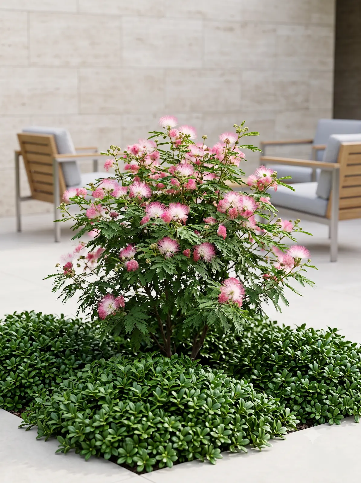 calliandra dixie pink | jardinesconestiloes Calliandra Dixie Pink Geometría Columnar Y Destellos Dorados Arquitectura Botánica En Tonos Rosados