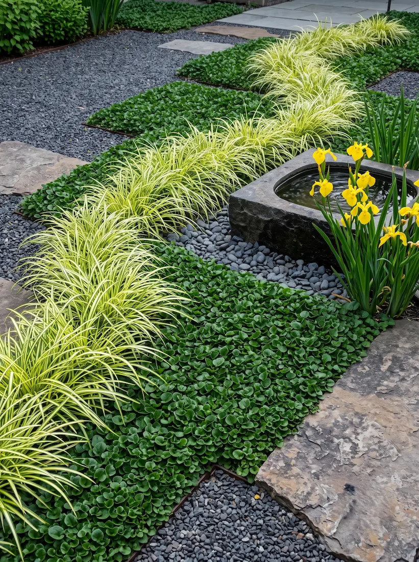 carex y dichondra | jardinesconestiloes Carex Y Dichondra Triada Arquitectónica Yakisugi Estuco Y Piedra En El Jardín De Alta Gama