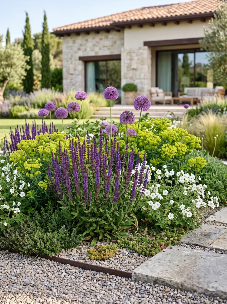 Combinación Espigas Púrpuras De Salvia Y Esferas De Allium Diseño De Zonas De Estancia a Pleno Sol Cómo Estructurar El Parterre Mediterráneo