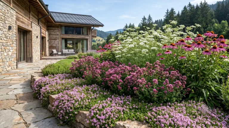 Vista panorámica totalmente enfocada de una bordura en un jardín contemporáneo. Al fondo, discos florales púrpuras de equinácea y umbelas blancas de anís. En el medio, cojines densos de orégano rosa oscuro. En la base, un tapiz verde de tomillo cubriendo el suelo y cayendo sobre un borde de piedra natural.