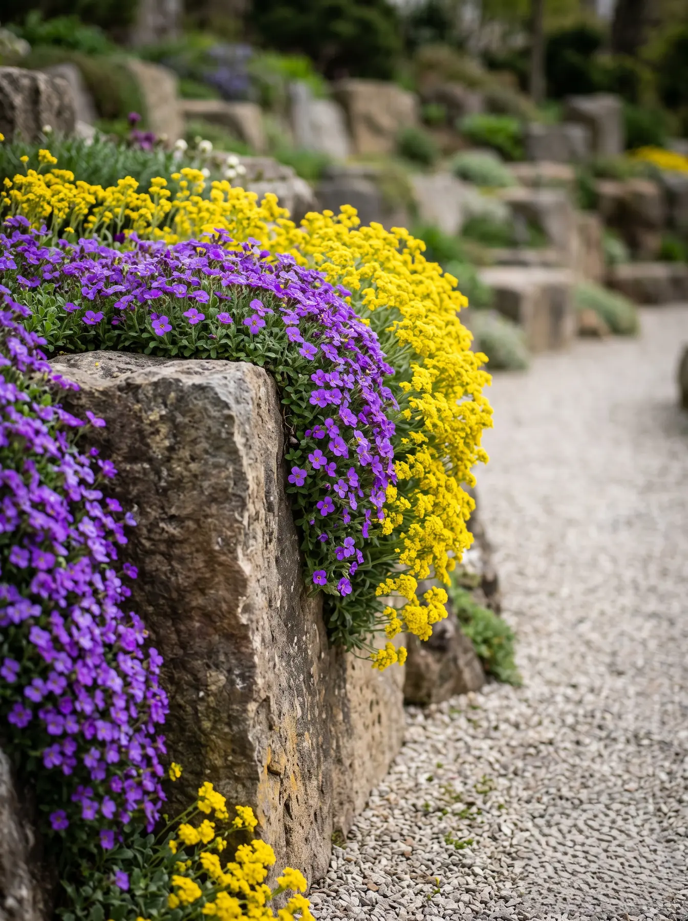 combinacion aubretia y aurinia | jardinesconestiloes Combinacion Aubretia Y Aurinia Diseño De Rocallas Verticales La Colonización Del Muro Ciclópeo