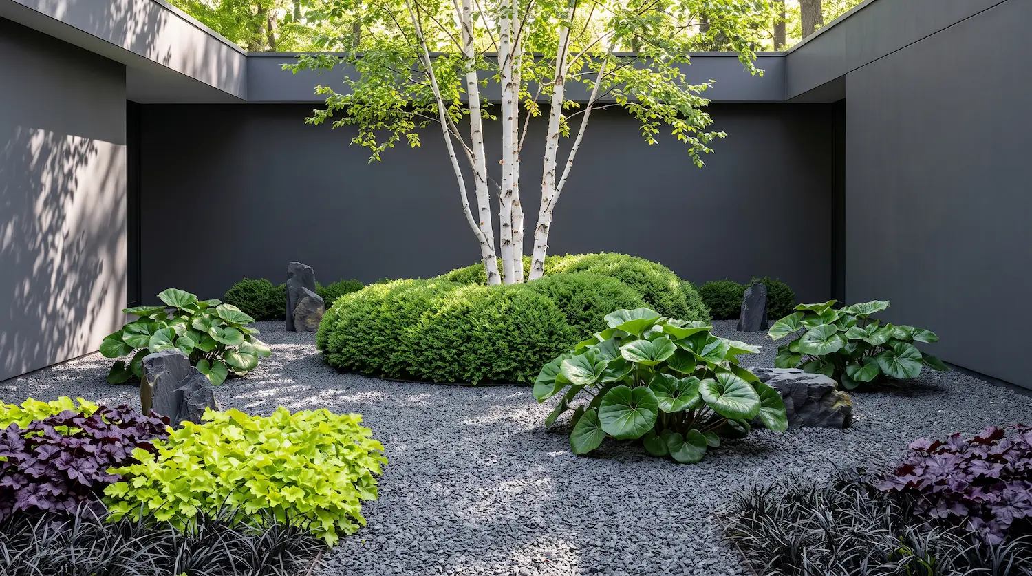 combinacion betula frfungiumboj y heuchera | jardinesconestiloes Combinacion Betula Frfungiumboj Y Heuchera Contraste Mineral Y Orgánico Abedul Blanco Farfugium Y Pizarra