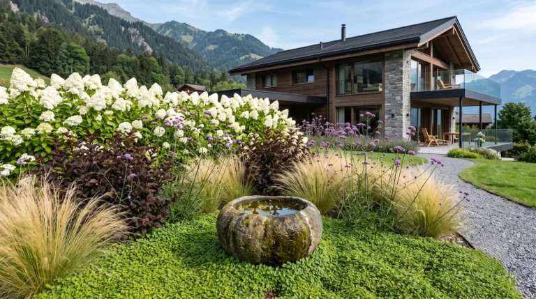 Vista panorámica totalmente enfocada de un jardín moderno. Un cuenco circular de agua en piedra natural está rodeado por un tapiz verde. En el fondo, grandes hortensias blancas. En el plano medio, follaje oscuro de fisocarpo, gramíneas doradas y flores púrpuras altas de verbena.