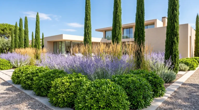Macizo de jardín moderno con pitosporo enano, salvia rusa azulada, gramíneas doradas y cipreses tótem.