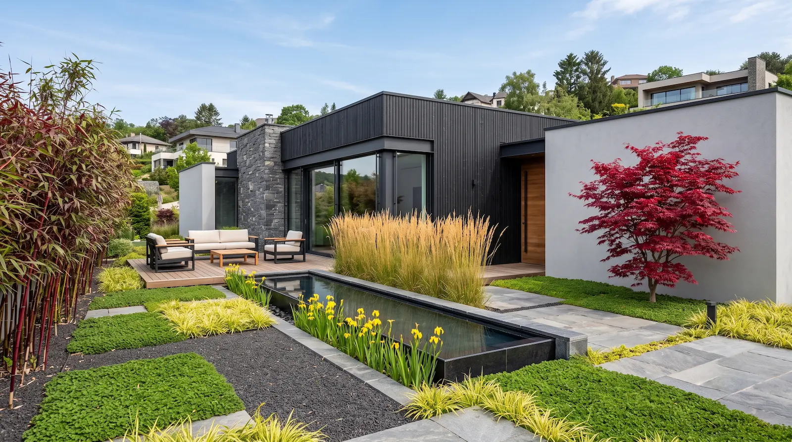 combinacion con fachada piedra estuco y madera quemada | jardinesconestiloes Combinacion Con Fachada Piedra Estuco Y Madera Quemada Triada Arquitectónica Yakisugi Estuco Y Piedra En El Jardín De Alta Gama