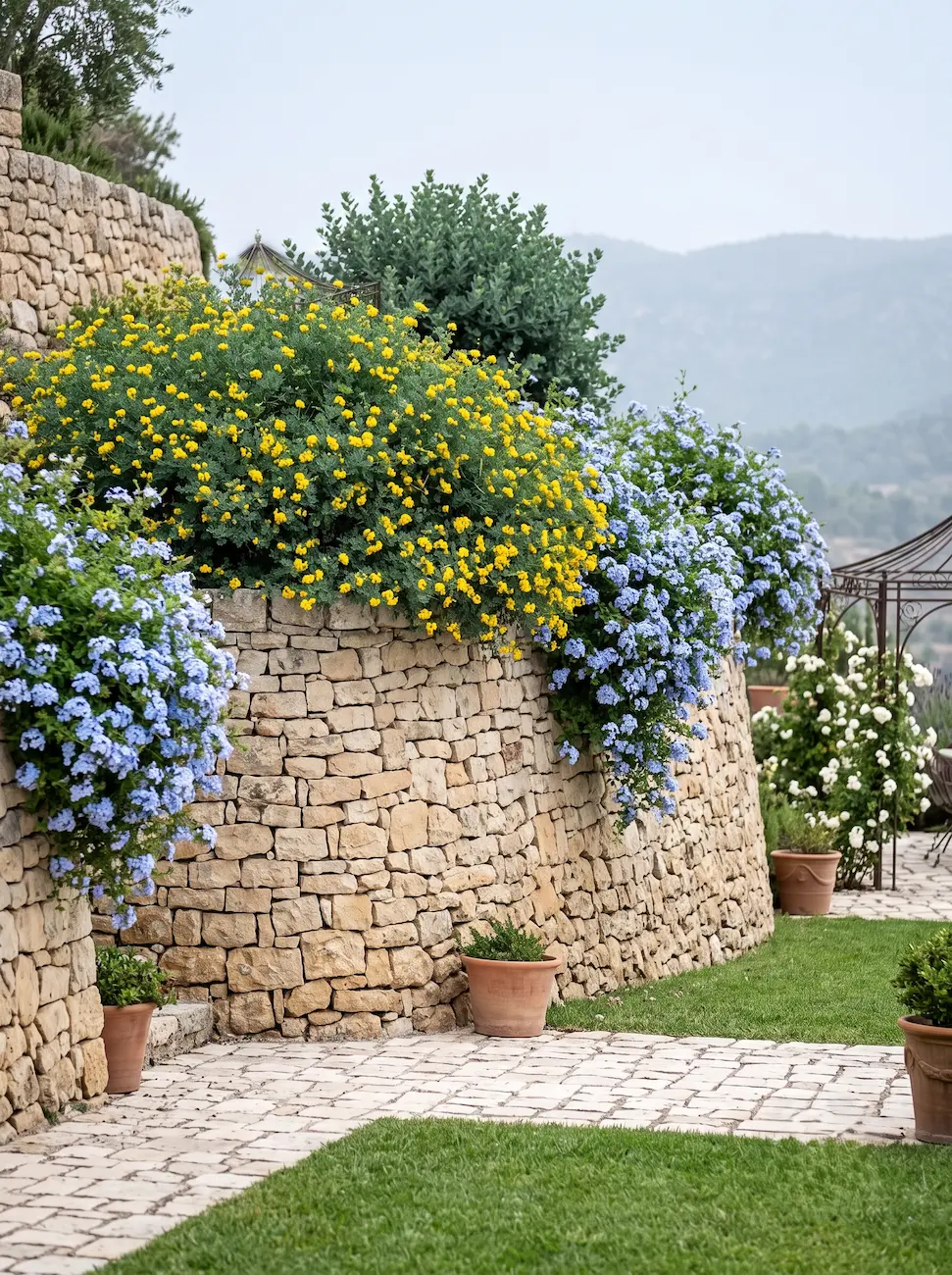 Combinacion Coronilla Y Plumbago Topografía a Dos Niveles Pérgola De Forja Muro De Piedra Y Cascada Botánica