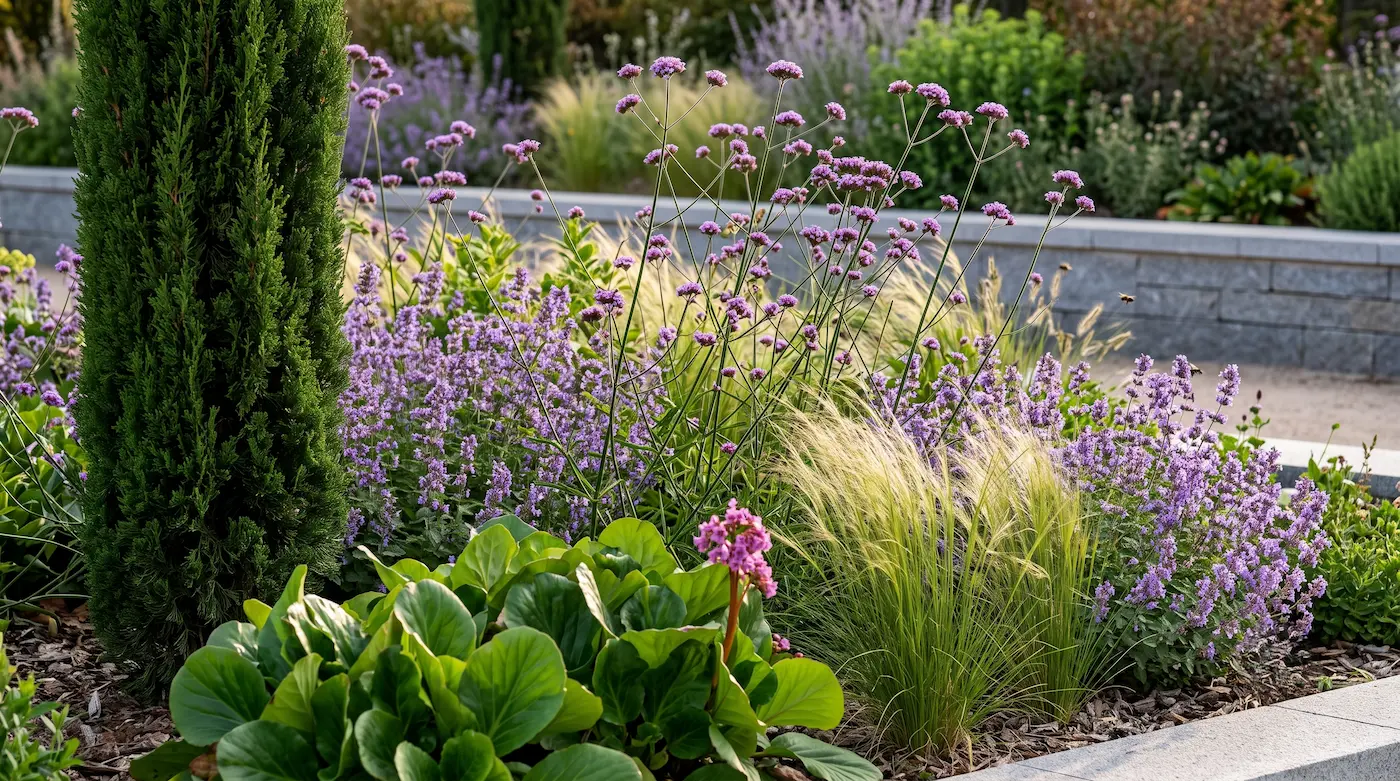Combinacion De Nepeta Bergenia Gramineas Y Verbena Estructura Del Borde Mixto Follaje Movimiento Y Biodiversidad
