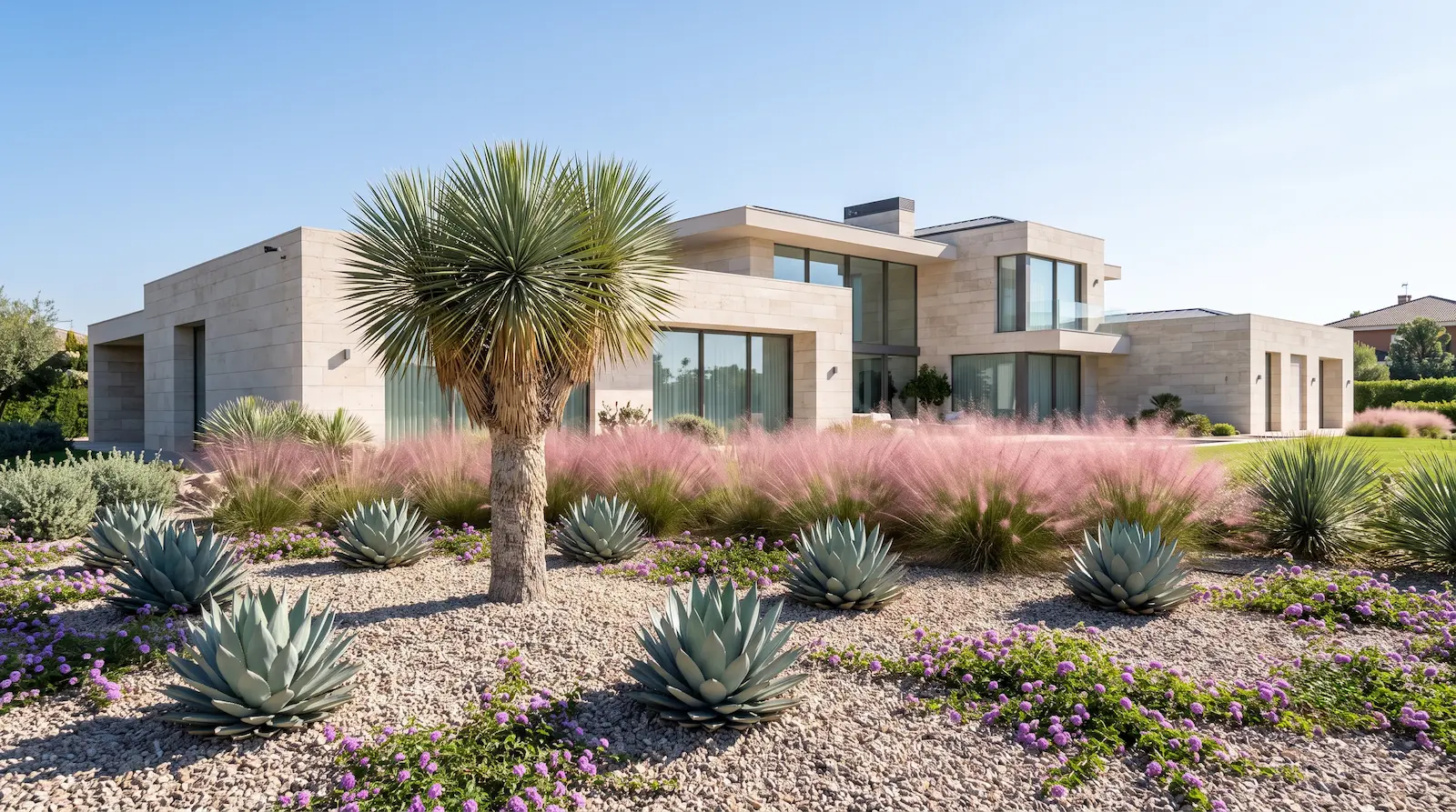 combinacion de yuca agave muhlenbergia y lantana | jardinesconestiloes Combinacion De Yuca Agave Muhlenbergia Y Lantana Oasis De Grava Paisajismo Xerófito Con Yuccas Agaves Y Bruma Rosada