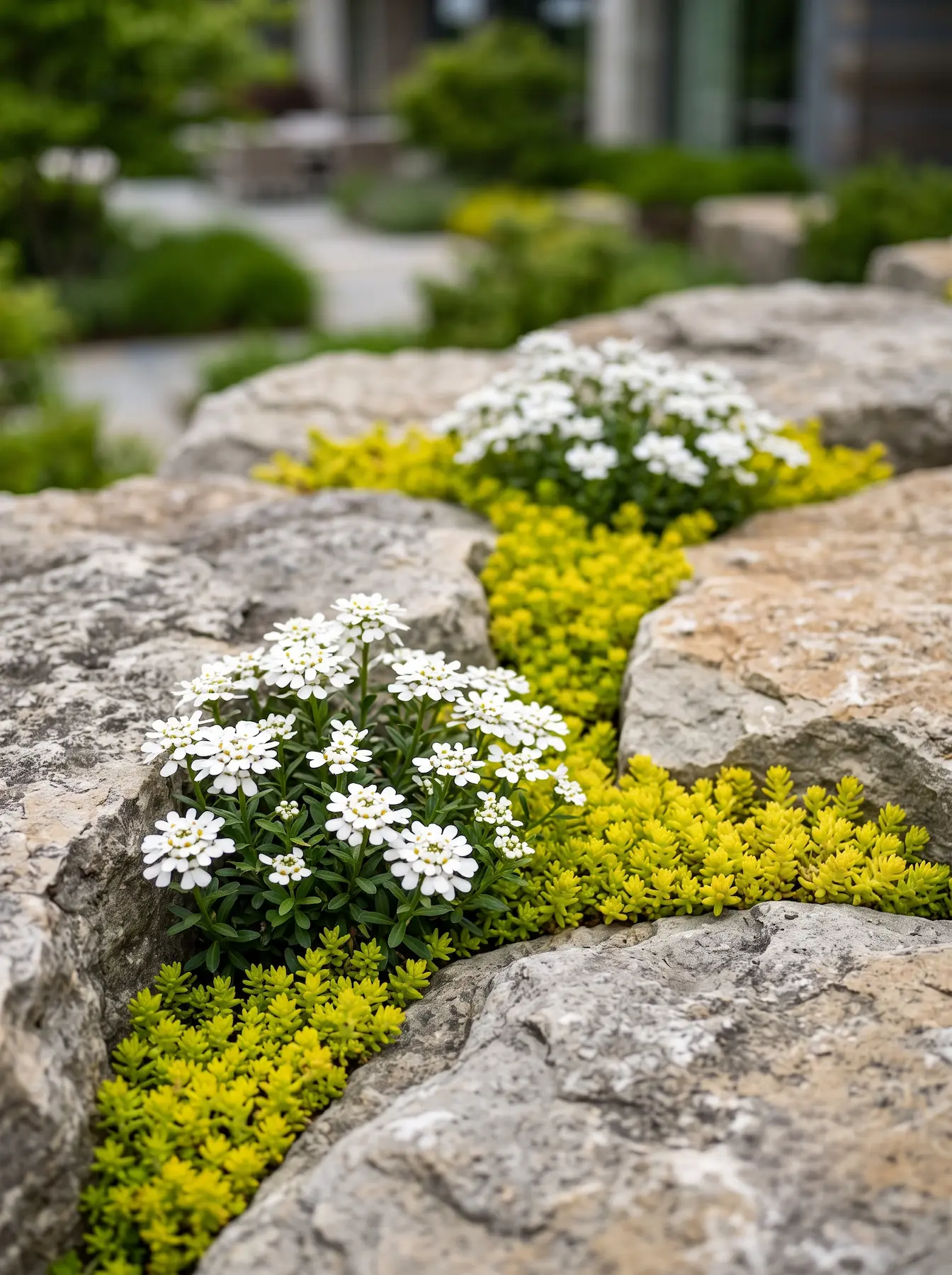 combinacion iberis sempervirens y sedum | jardinesconestiloes Combinacion Iberis Sempervirens Y Sedum Diseño De Rocallas Verticales La Colonización Del Muro Ciclópeo