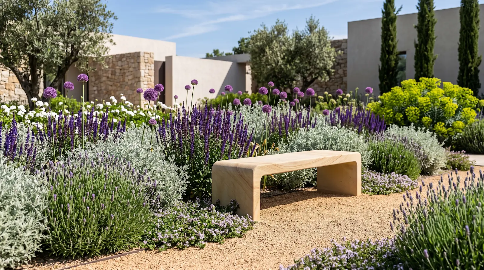 Combinación Lavandas Esferas De Allium Y Diverso Follaje Plateado Diseño De Zonas De Estancia a Pleno Sol Cómo Estructurar El Parterre Mediterráneo