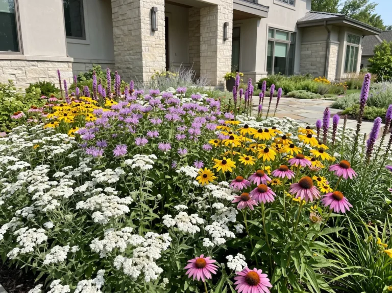 Parterre de pradera silvestre con Equinácea, Rudbeckia, Liatris y menta de montaña frente a una casa de lujo contemporánea.