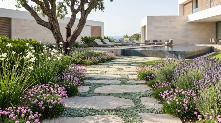 Jardín de lujo en una urbanización exclusiva con sendero de piedra natural sellado con plantas plateadas, flores rosas, lavanda y un gran alcornoque, junto a una piscina y mobiliario de diseño frente a una fachada moderna.