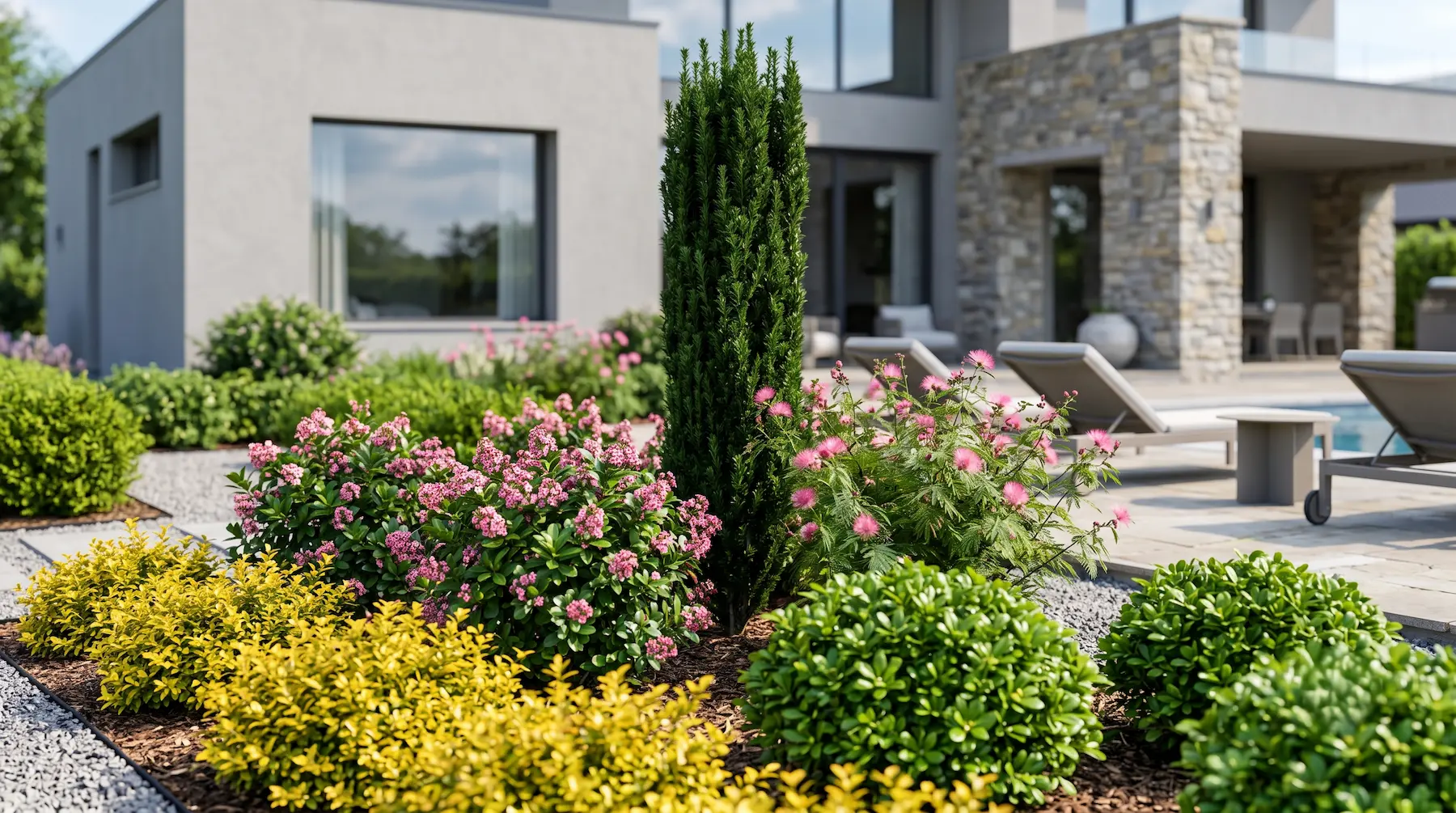 combinacion tejo escallonia laevis y ilex golden | jardinesconestiloes Combinacion Tejo Escallonia Laevis Y Ilex Golden Geometría Columnar Y Destellos Dorados Arquitectura Botánica En Tonos Rosados