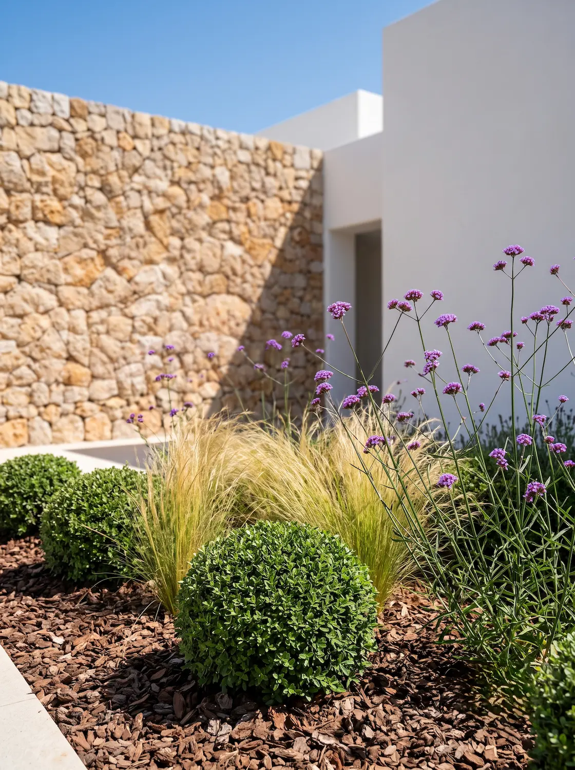 combinacion verbena stipa en jardin ibicenco | jardinesconestiloes Combinacion Verbena Stipa En Jardin Ibicenco Diseño De Terrazas Ibicencas Transición De Pavimentos Y Volumetría De Secano