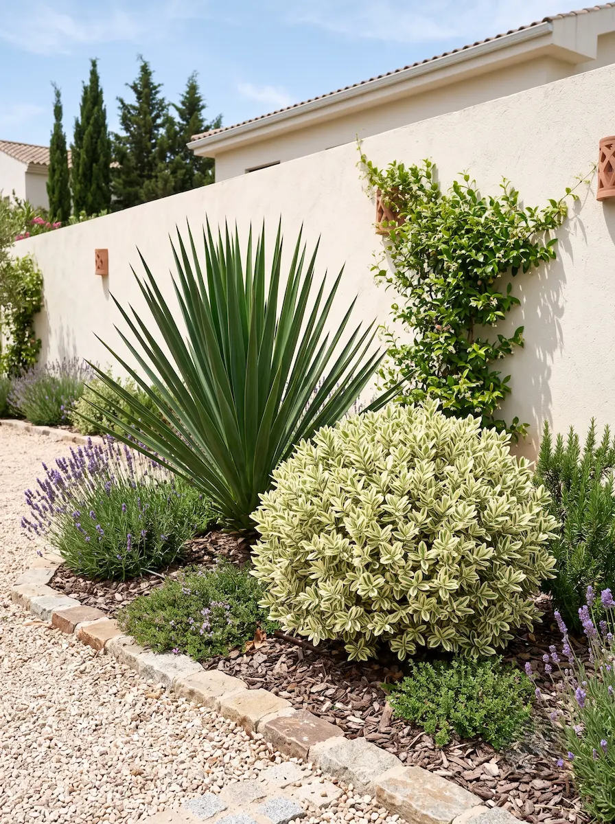 combinacion yuca y vernica variegata | jardinesconestiloes Combinacion Yuca Y Vernica Variegata Contrastes Audaces Yucca Lantana Hebe Y Centaurea En El Jardín Moderno