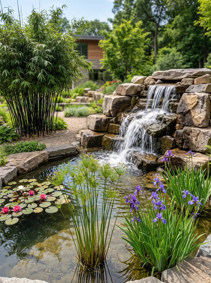 composición estanque con cascada | jardinesconestiloes Composición Estanque Con Cascada Topografía Acuática Diseño Estratificado Con Cascada Fargesia Y Flora Marginal