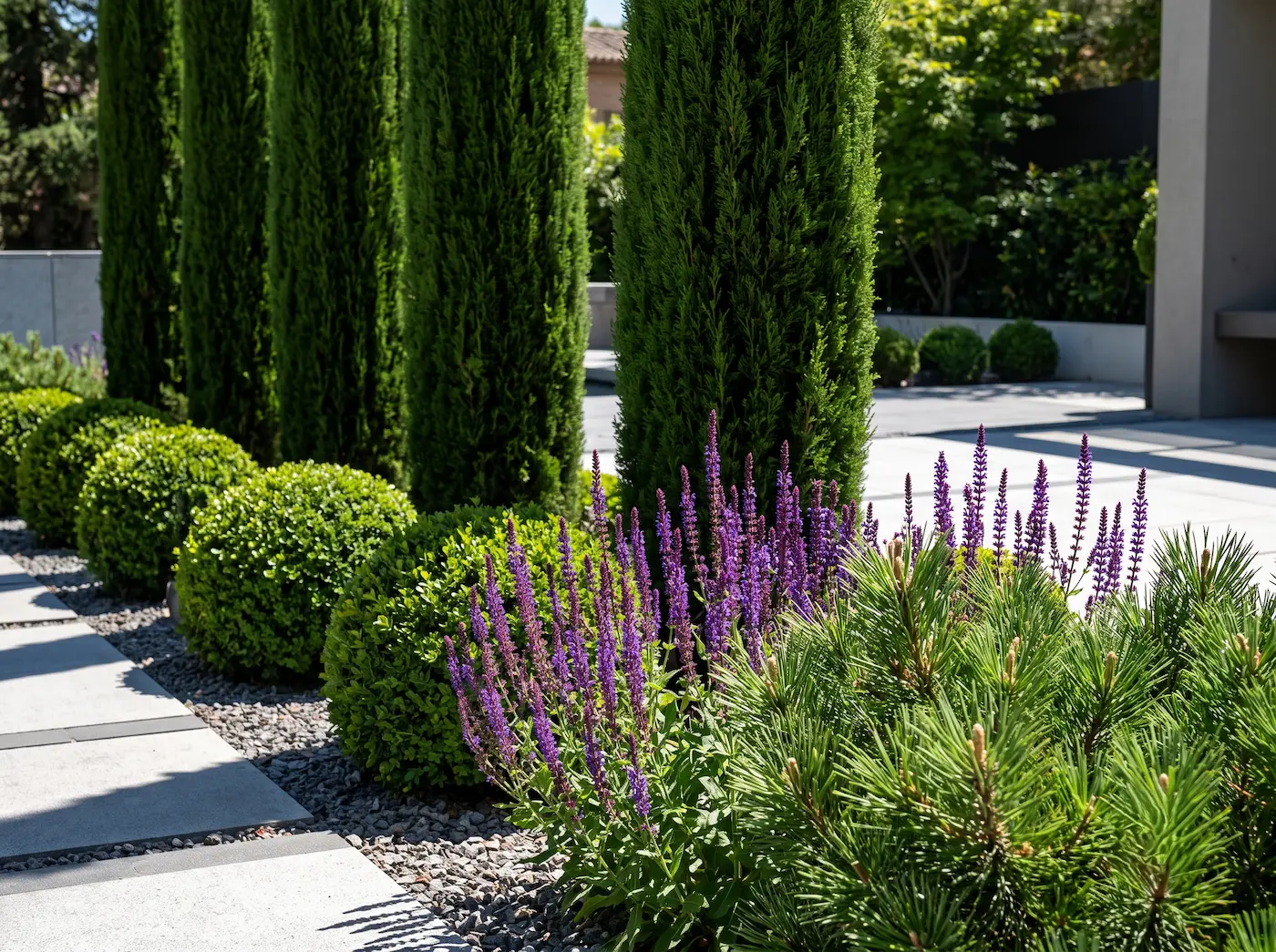 composicionn cipresboj bola liatris y pinus mugo | jardinesconestiloes Composicionn Cipresboj Bola Liatris Y Pinus Mugo El Orden Natural Análisis Visual De Un Jardín Contemporáneo