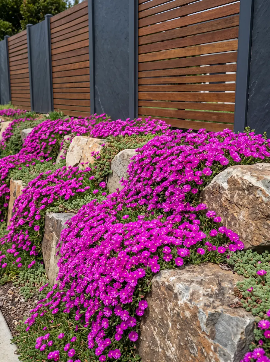 delosperma cooperii | jardinesconestiloes Delosperma Cooperii Diseño Para Rocallas Perimetrales Cómo Suavizar Cerramientos Masivos a Pleno Sol