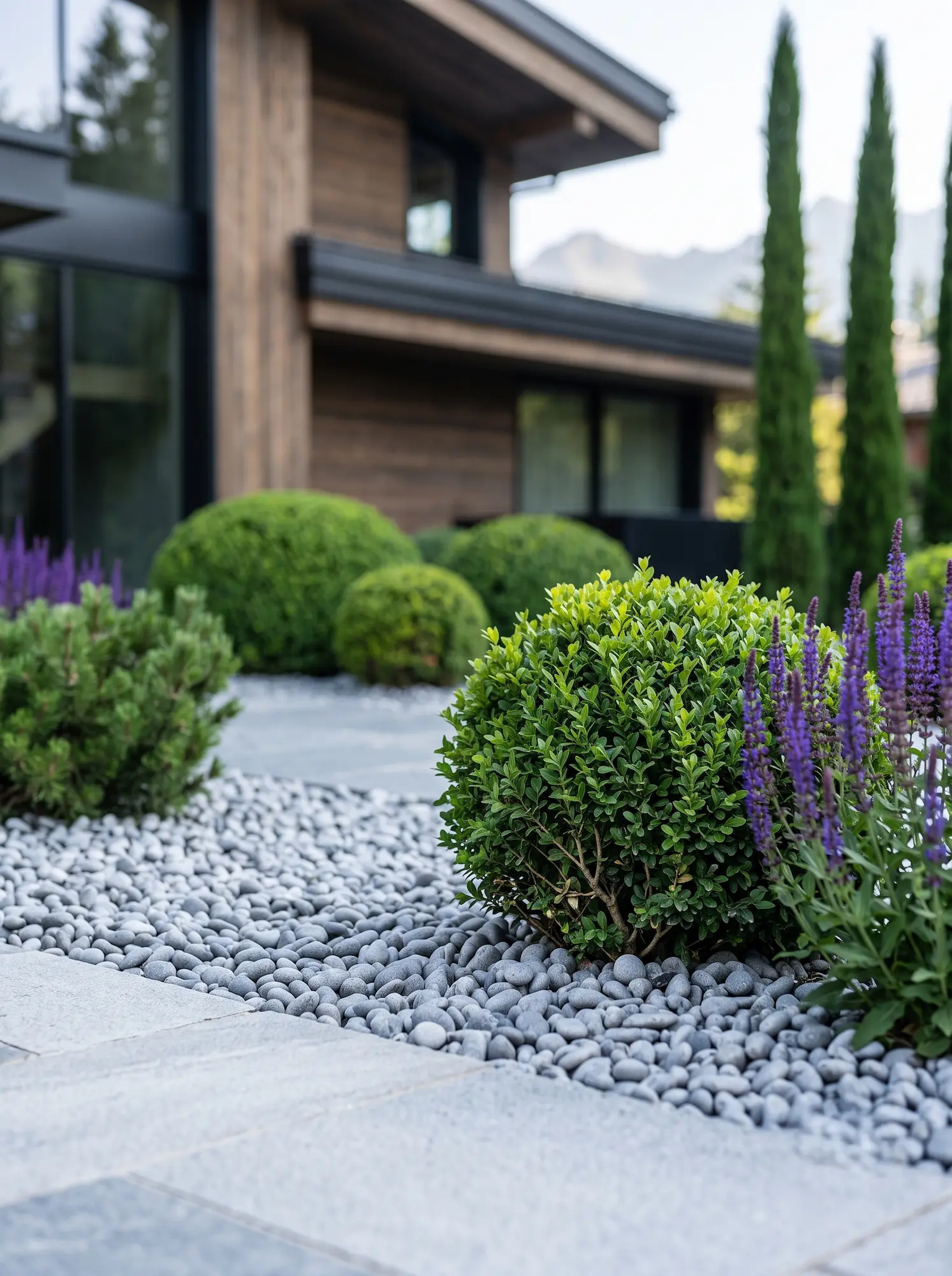 Detalle Grava Con Pinus Mugo Y Salvia Escalado Vertical Y Geometría Relajada Cipreses Boj Natural Y Salvia En La Entrada