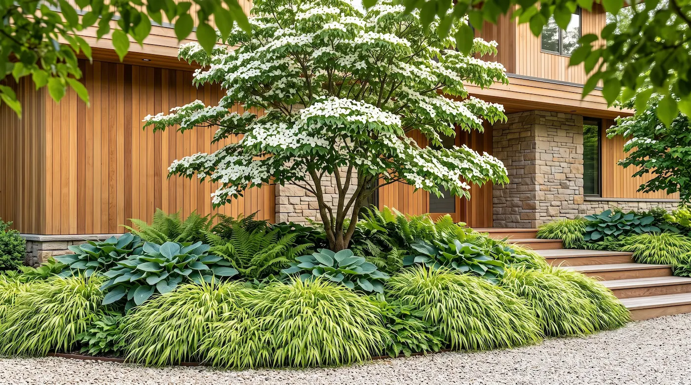 detalle jardin japones con cornus y planta | jardinesconestiloes Detalle Jardin Japones Con Cornus Y Planta Diseño De Entradas En Semisombra Geometría Oriental Y Follaje Estructural
