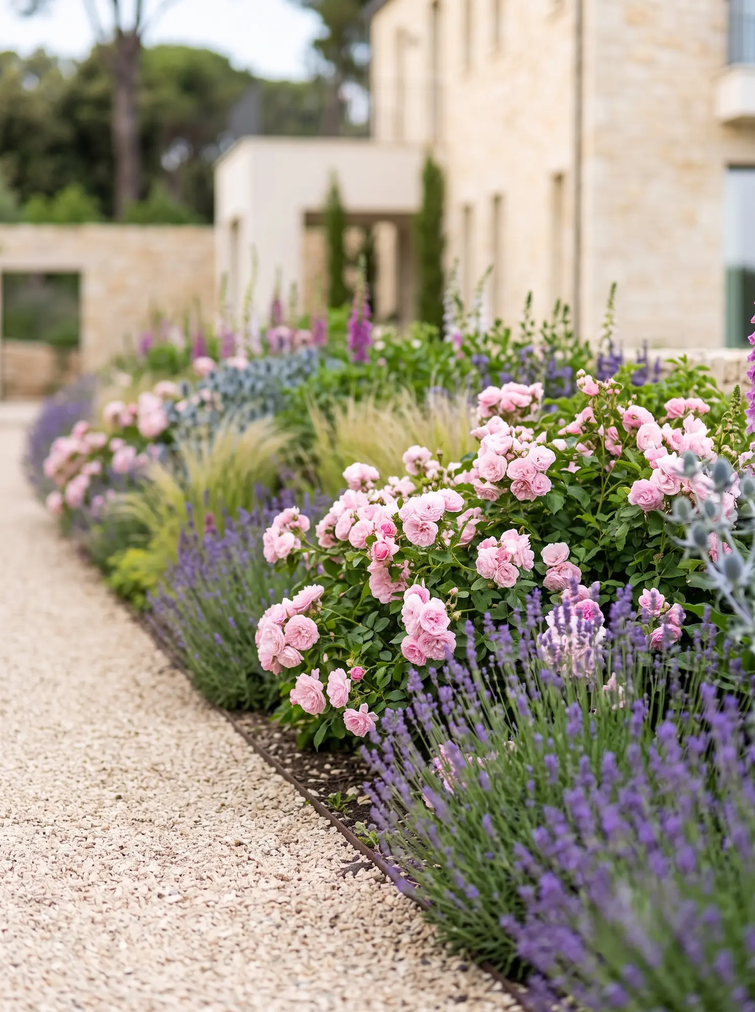 detalle rosas lavanda en camino de grava | jardinesconestiloes Detalle Rosas Lavanda En Camino De Grava El Camino Fragante Paisajismo Estival Con Rosas Lavanda Y Cardo Marino