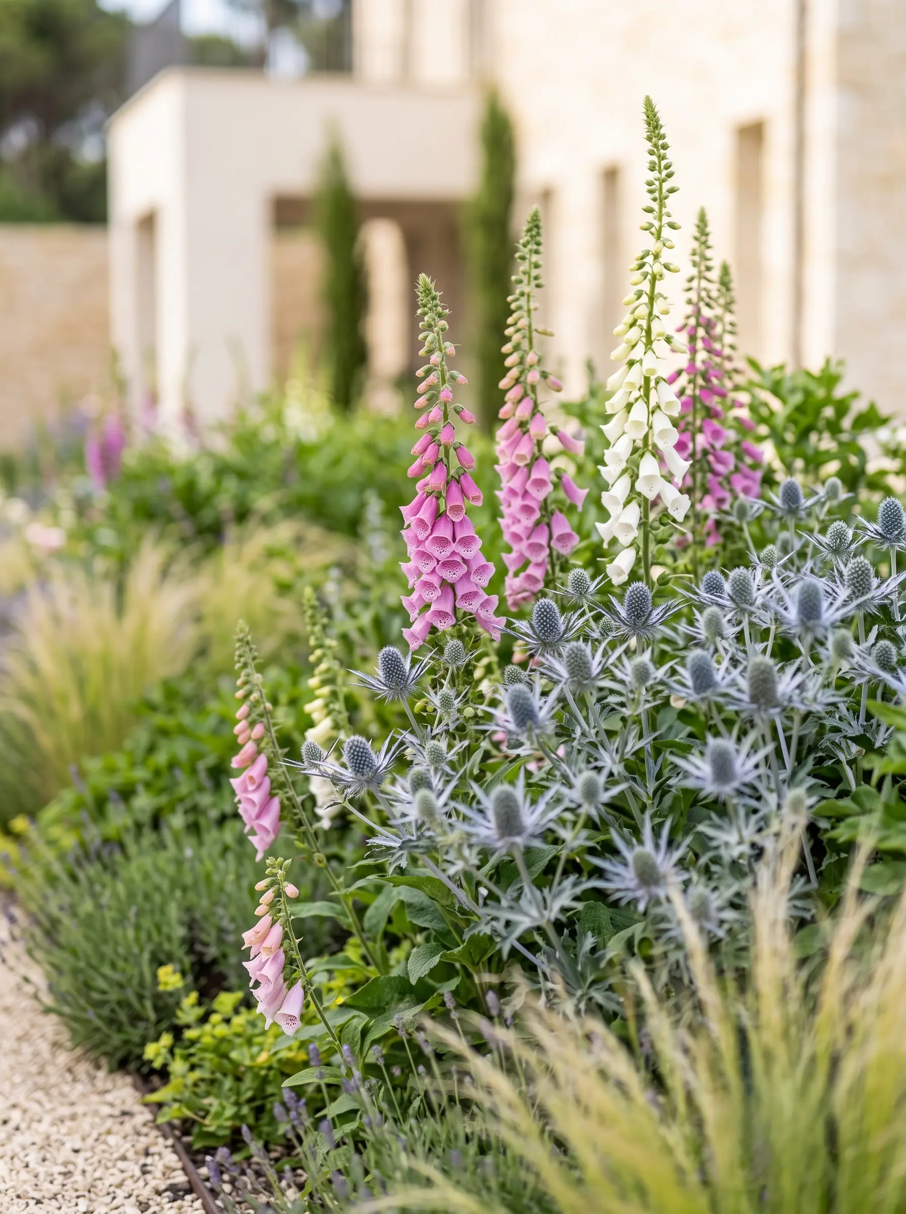 digitalis cardo azul y stipa | jardinesconestiloes Digitalis Cardo Azul Y Stipa El Camino Fragante Paisajismo Estival Con Rosas Lavanda Y Cardo Marino