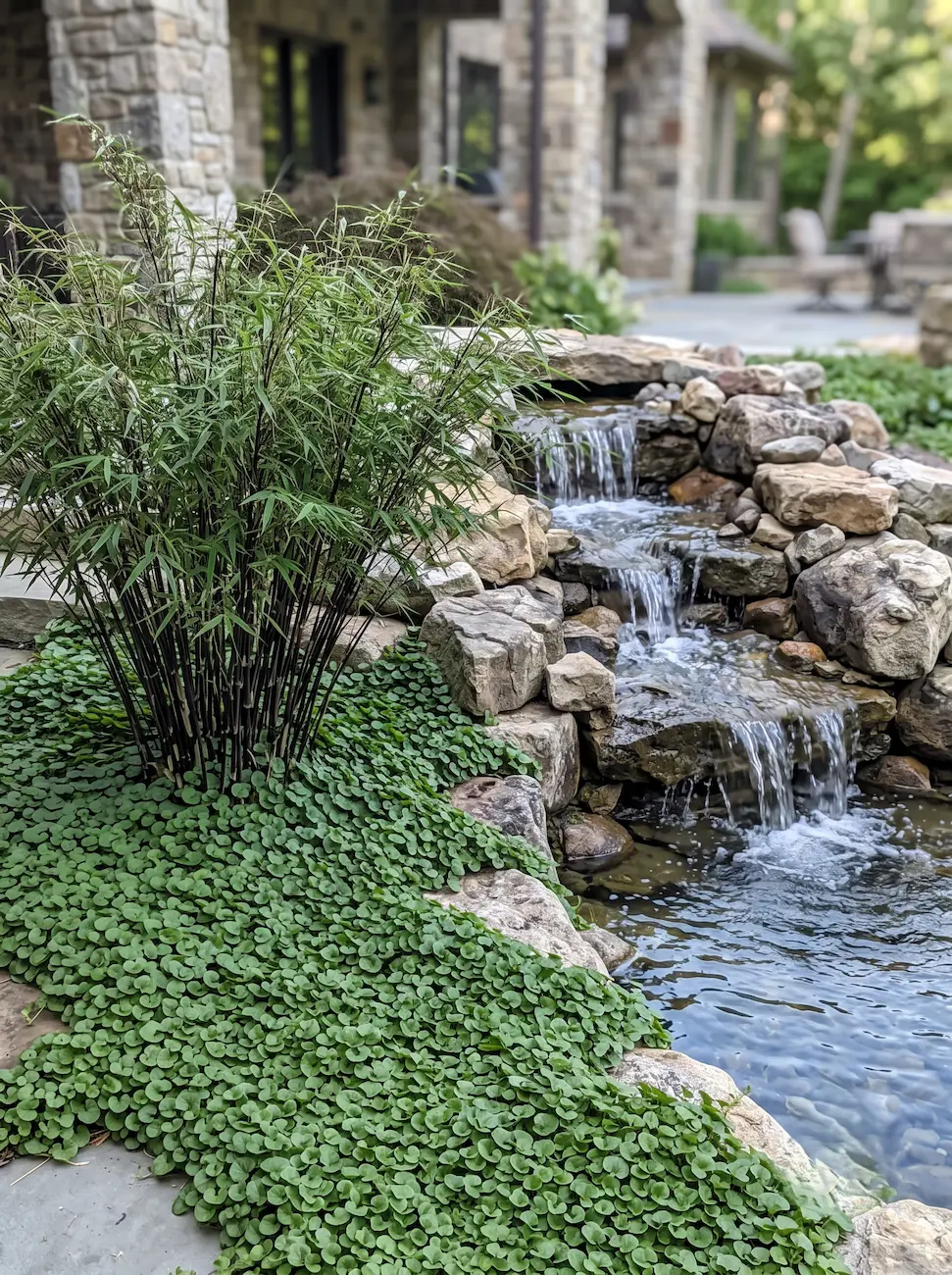 fargesia black pearl en estanque y dichondra | jardinesconestiloes Fargesia Black Pearl En Estanque Y Dichondra Topografía Acuática Diseño Estratificado Con Cascada Fargesia Y Flora Marginal