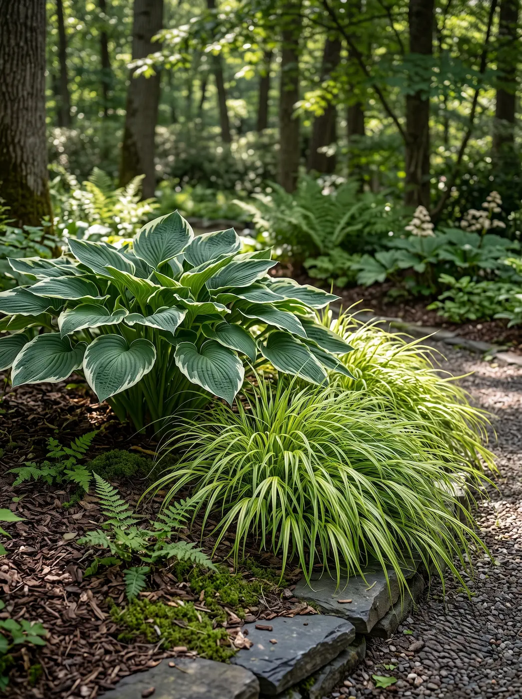 hakonechloa y hosta | jardinesconestiloes Hakonechloa Y Hosta El Claroscuro Textural Arquitectura De Sotobosque Y Fricción Foliar
