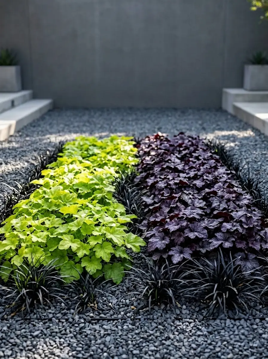 heucheras y ophiopogon | jardinesconestiloes Heucheras Y Ophiopogon Contraste Mineral Y Orgánico Abedul Blanco Farfugium Y Pizarra