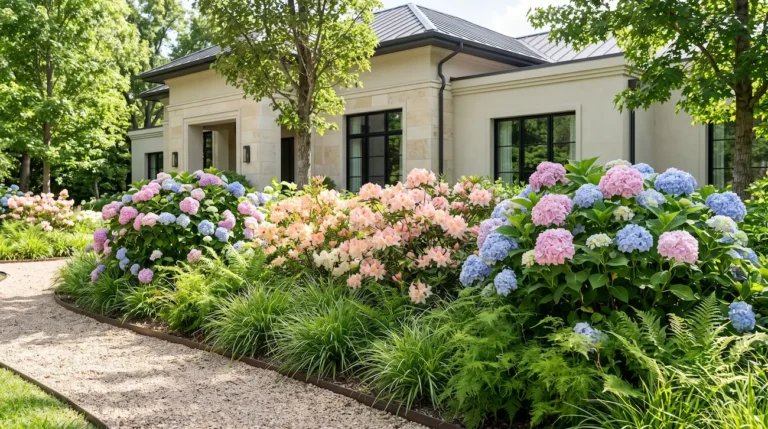 Hortensias y azaleas en floración bajo luz tamizada en jardín de sombra.