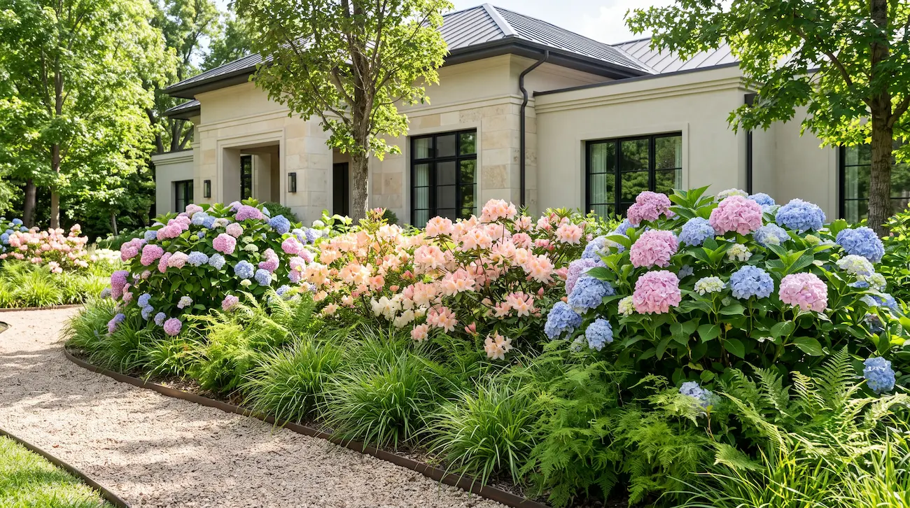 hortensias azaleas y helechos bajo arboles | jardinesconestiloes Hortensias Azaleas Y Helechos Bajo Arboles La Sombra Romántica Paisajismo De Texturas Bajo La Luz Tamizada