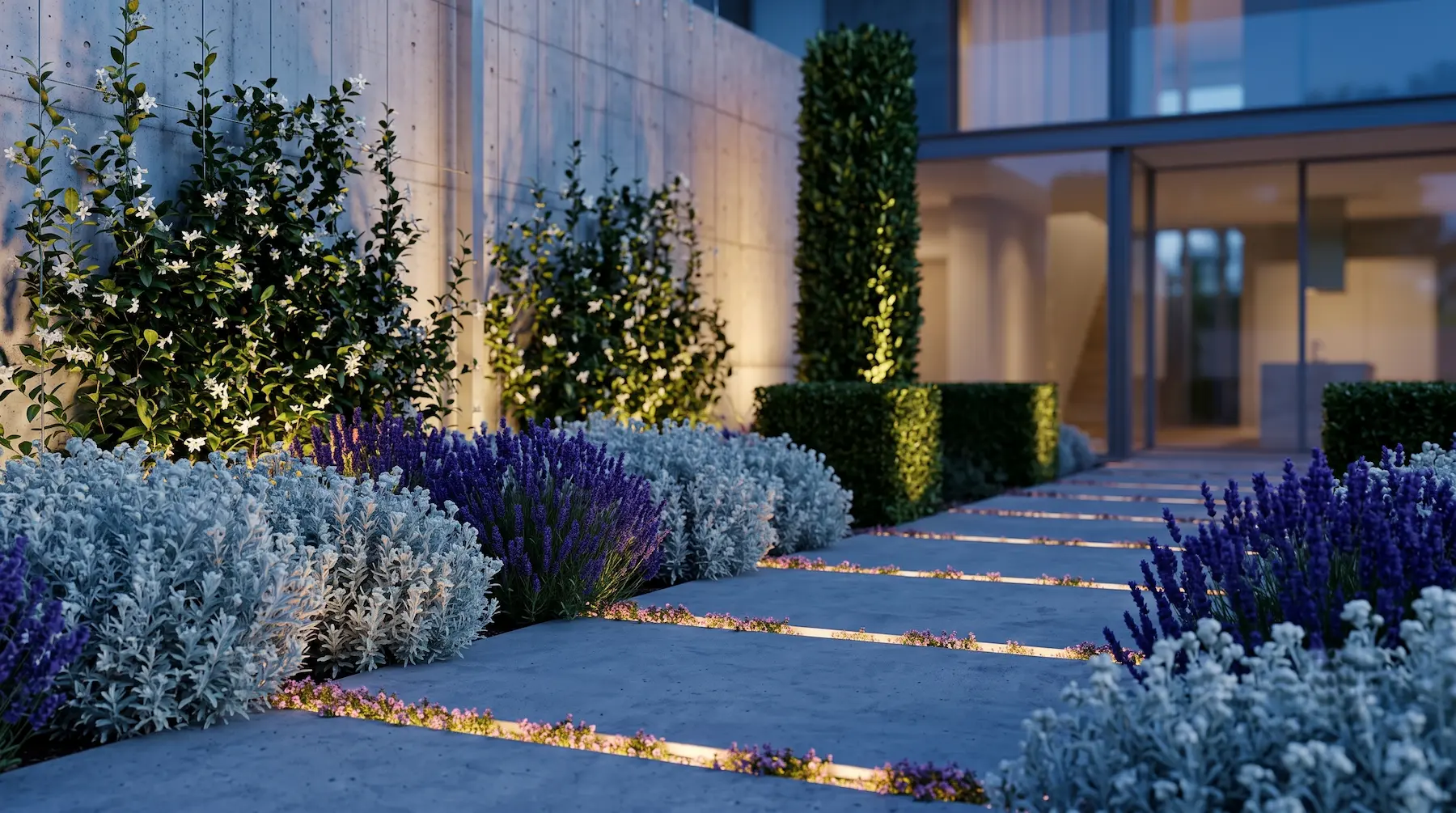Jaradin Para Olfato Moderno Con Iluminación 1 Arquitectura Aromática Bloques Modulares Y Paleta Fría En El Jardín Contemporáneo