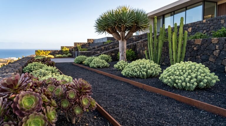 Jardín moderno costero con suelo de grava volcánica negra, borduras de acero corten y plantas endémicas como un gran drago, cardones y aeoniums, con una villa de diseño y el océano al fondo.