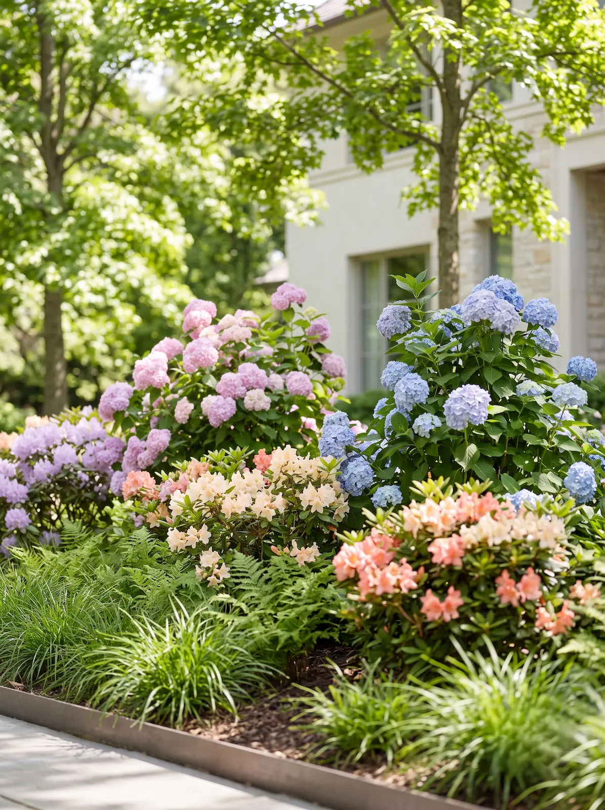 macizo de azaleas y hortensias bajo arboles | jardinesconestiloes Macizo De Azaleas Y Hortensias Bajo Arboles La Sombra Romántica Paisajismo De Texturas Bajo La Luz Tamizada