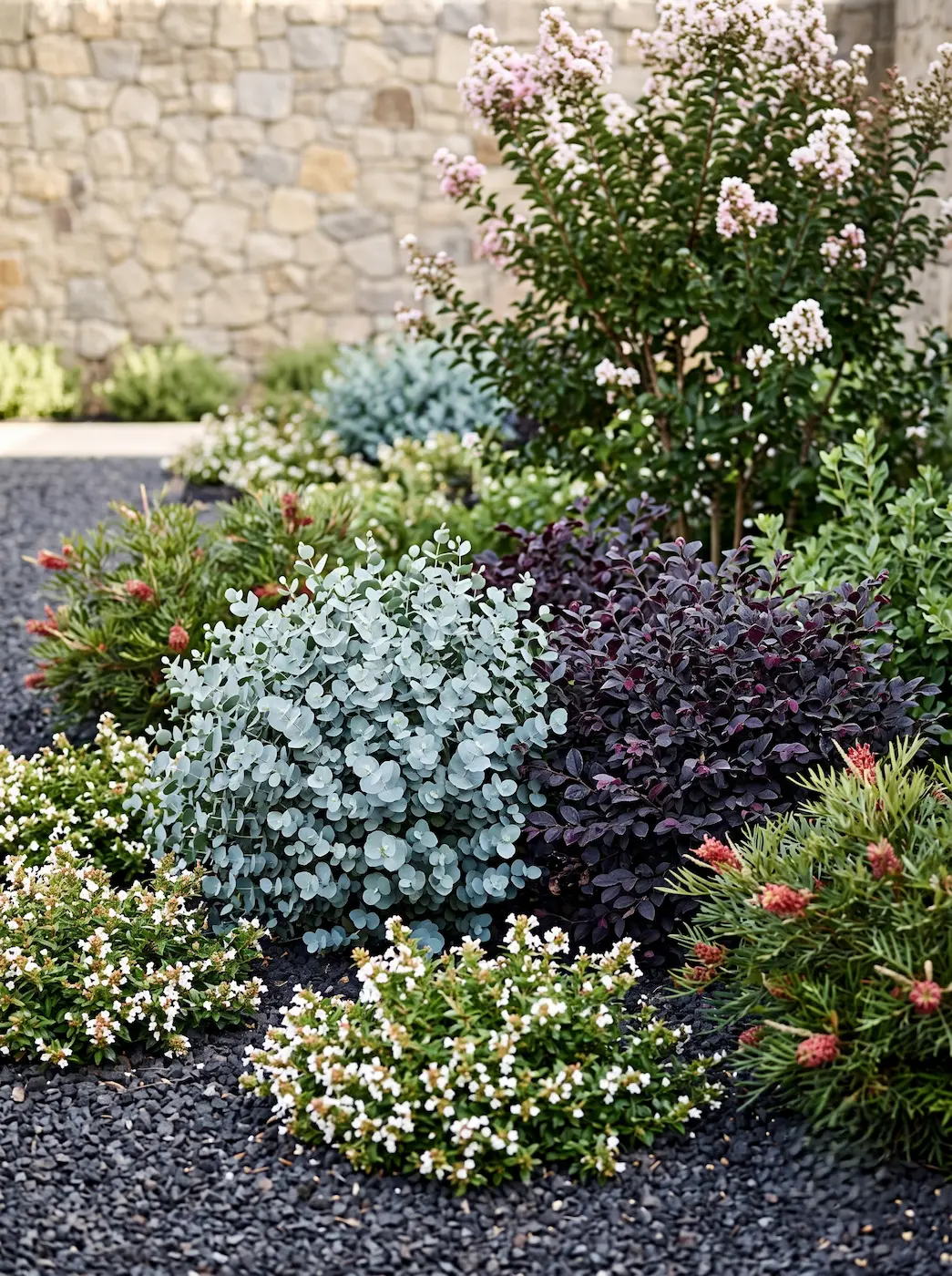 macizo loropetalum y eucaliptus gunii | jardinesconestiloes Macizo Loropetalum Y Eucaliptus Gunii Tensión Cromática Eucalipto Azul Follaje Púrpura Y El Foco Estival