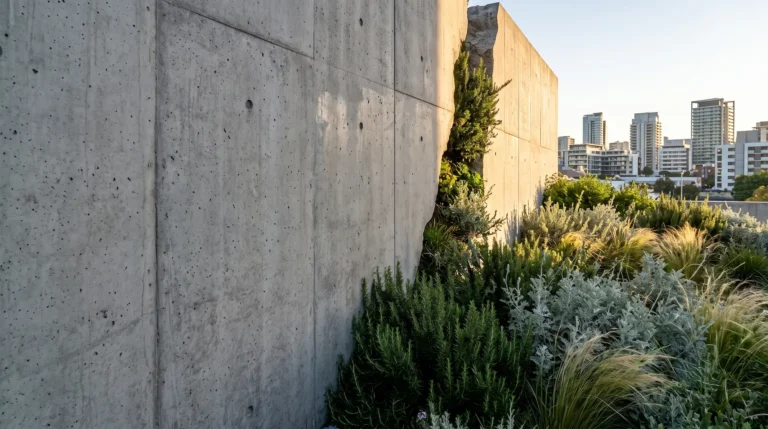 Contraste conceptual entre la dureza de un muro de hormigón brutalista y la vitalidad orgánica de un jardín mediterráneo abriéndose paso.