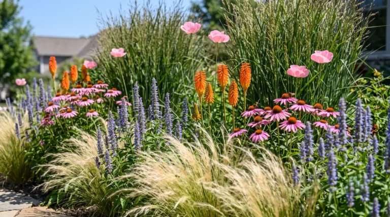 Macizo de estilo New Perennial bajo luz diurna, mostrando un contraste arquitectónico entre la gramínea suave Stipa tenuissima, espigas púrpuras de Agastache y antorchas naranjas de Kniphofia.