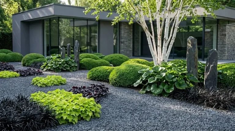 Vista panorámica enfocada de un jardín de umbría vanguardista sobre grava gris antracita. Al fondo, un abedul multi-tronco de corteza blanca brillante rodeado por un boj podado en formas onduladas de nube y monolitos de pizarra oscura. En primer plano, grandes hojas verdes brillantes de Farfugium, bloques compactos de heuchera verde lima y púrpura, y pasto negro acintado.