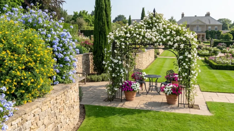 Panoramica Combinacion Botanica De Plumbago Y Coronilla Topografía a Dos Niveles Pérgola De Forja Muro De Piedra Y Cascada Botánica